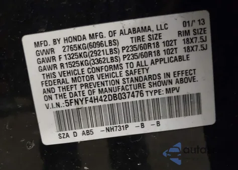 2013 Honda Pilot Ex from USA, damaged, VIN 5FNYF4H42DB037476
